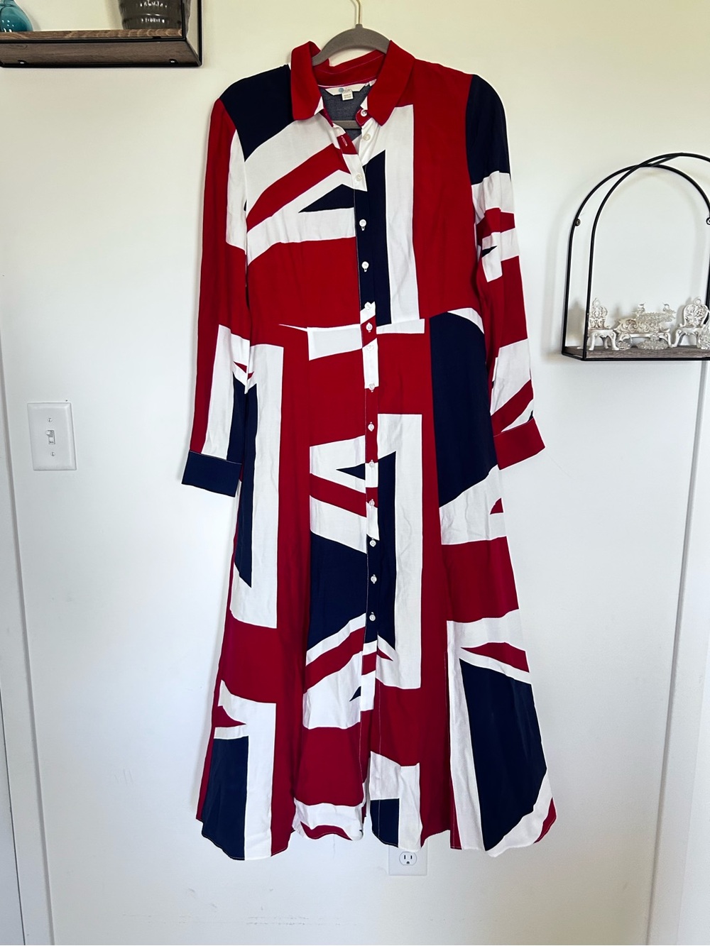 Boden Union Jack Button Front Collared Long Sleeve Midi Dress Size 8